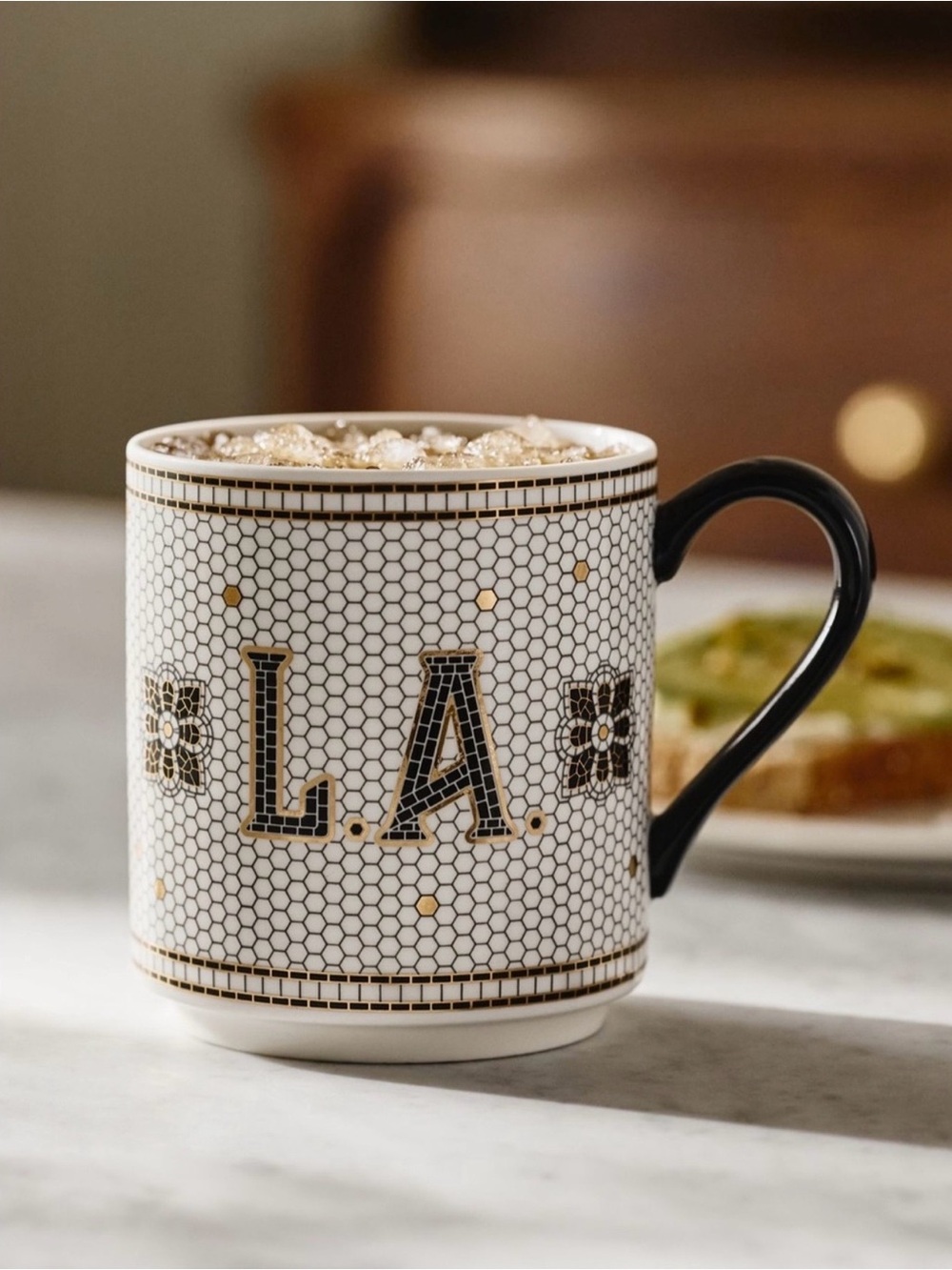 Anthropologie Bistro Tile Stoneware 24k Gold Accent Jetsetter Mug, L.A.